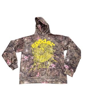 Brown & Pink Camo Floral Hoodie with Yellow Spider Web Graphic